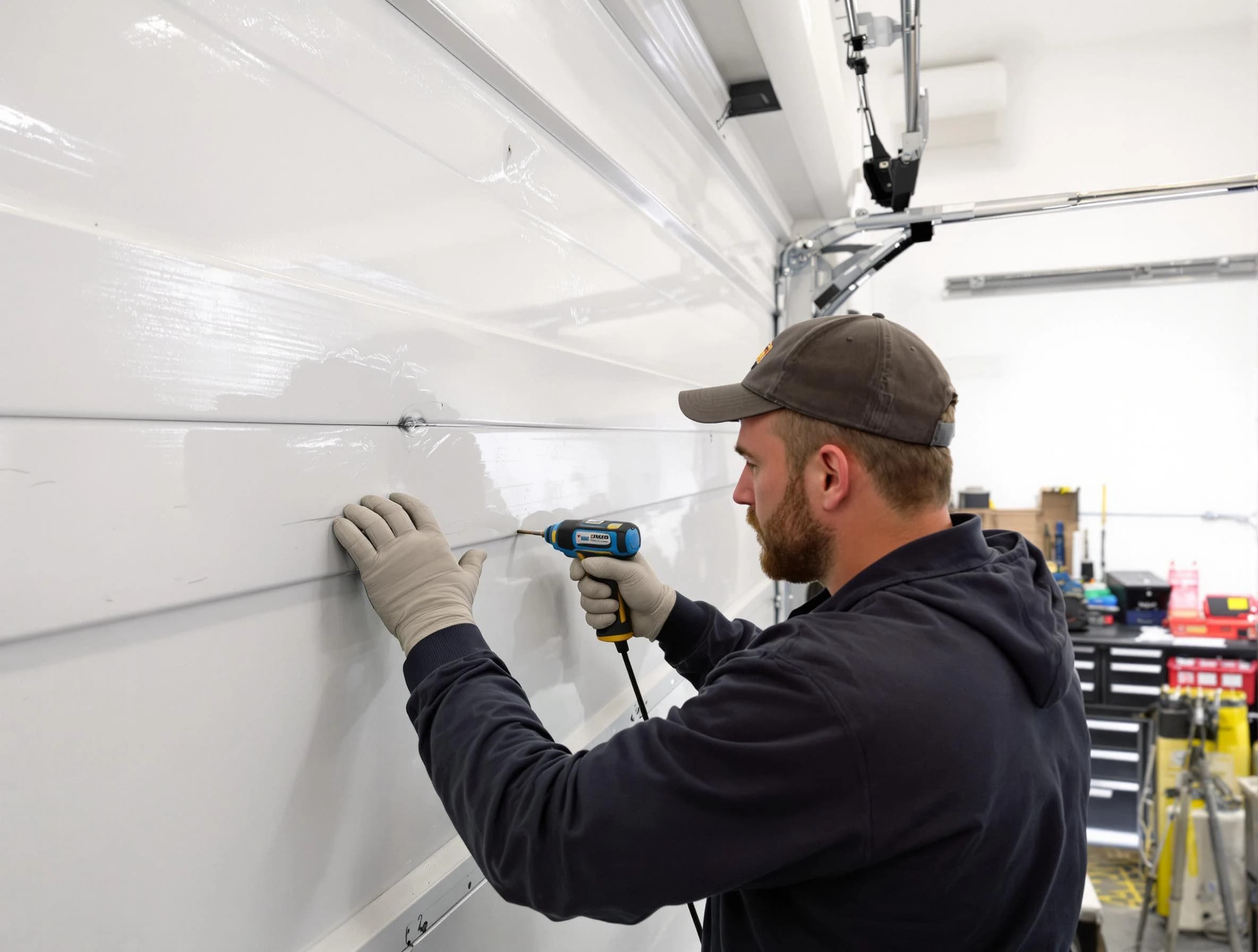 Brentwood Garage Door Repair technician demonstrating precision dent removal techniques on a Brentwood garage door
