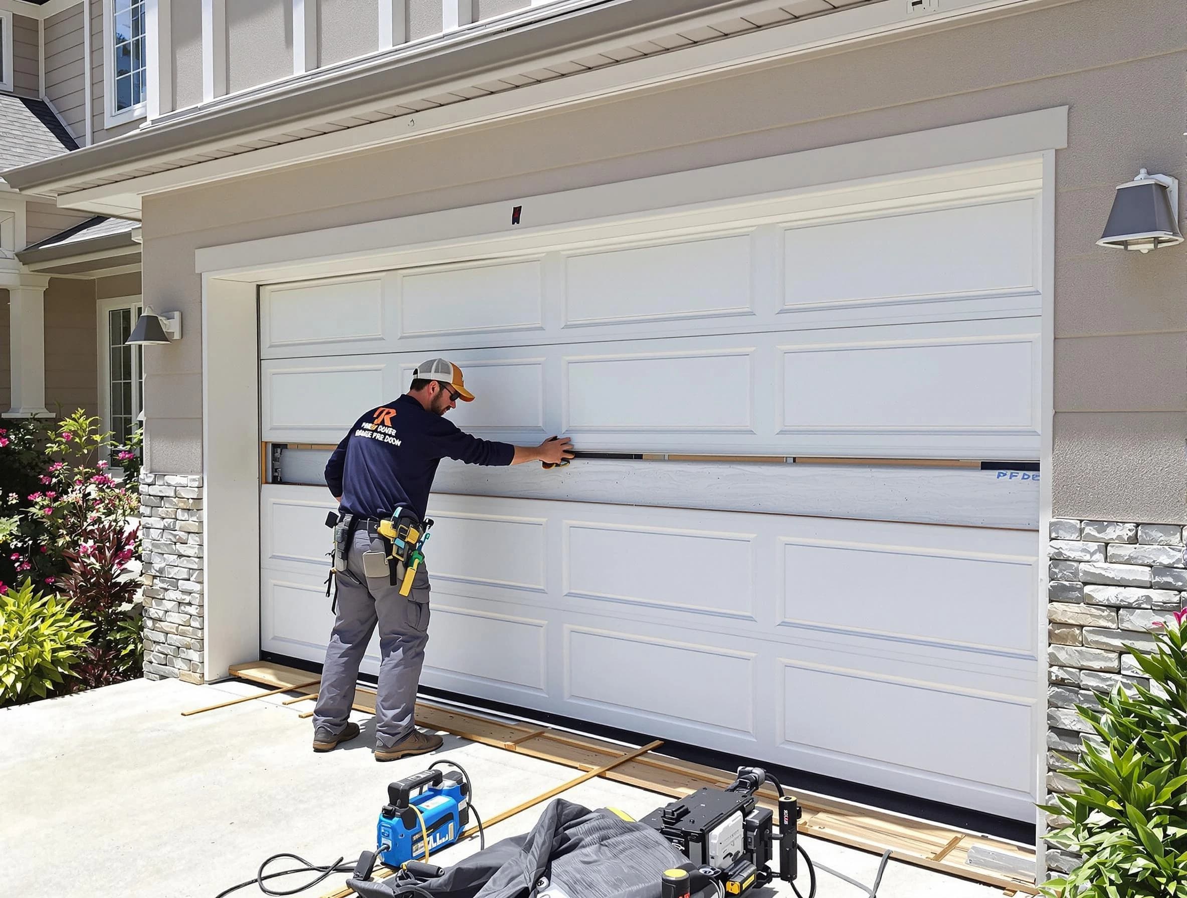 Brentwood Garage Door Repair team performing complete garage door replacement at Brentwood residence